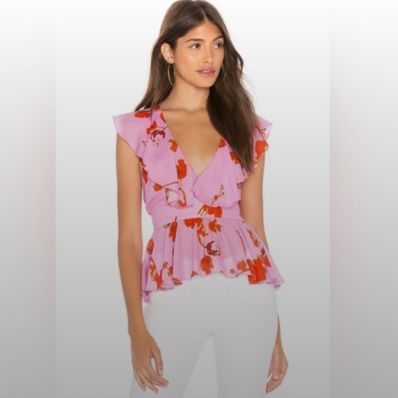 Cynthia Rowley Spring Peplum Poppy Pink Silky Ruffled Blouse -Medium (6) - Picture 1 of 5